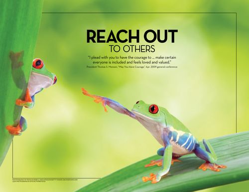 A brightly-colored tree frog reaches out to another frog that clings to a leaf nearby.