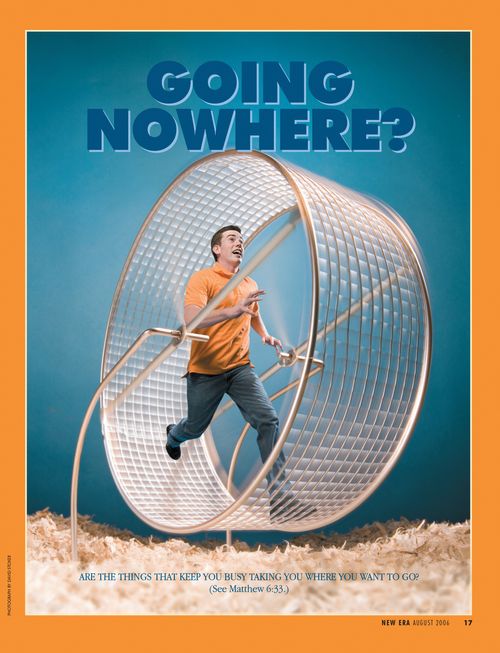 A conceptual photograph of a young man running in a hamster wheel, paired with the words “Going Nowhere?”