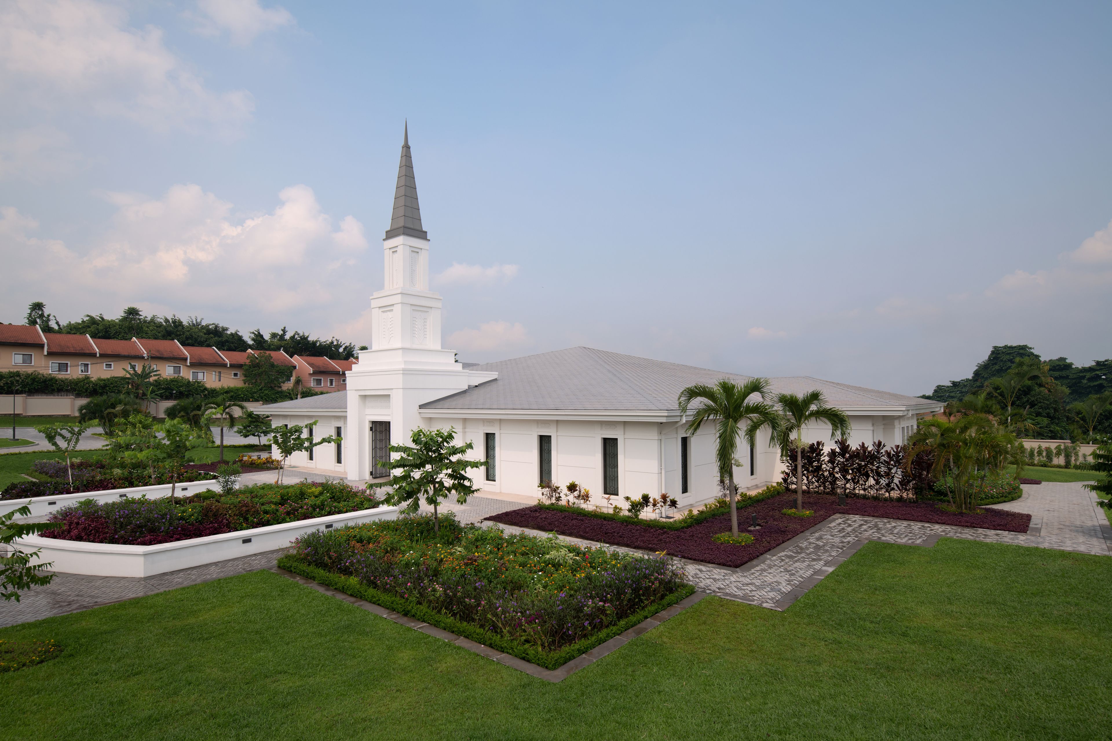An exterior view of the Kinshasa Democratic Republic of the Congo Temple and grounds.