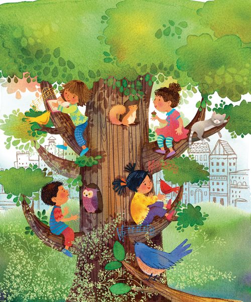 An illustration of three girls and a boy climbing up a tree filled with birds and squirrels, with a city in the background.