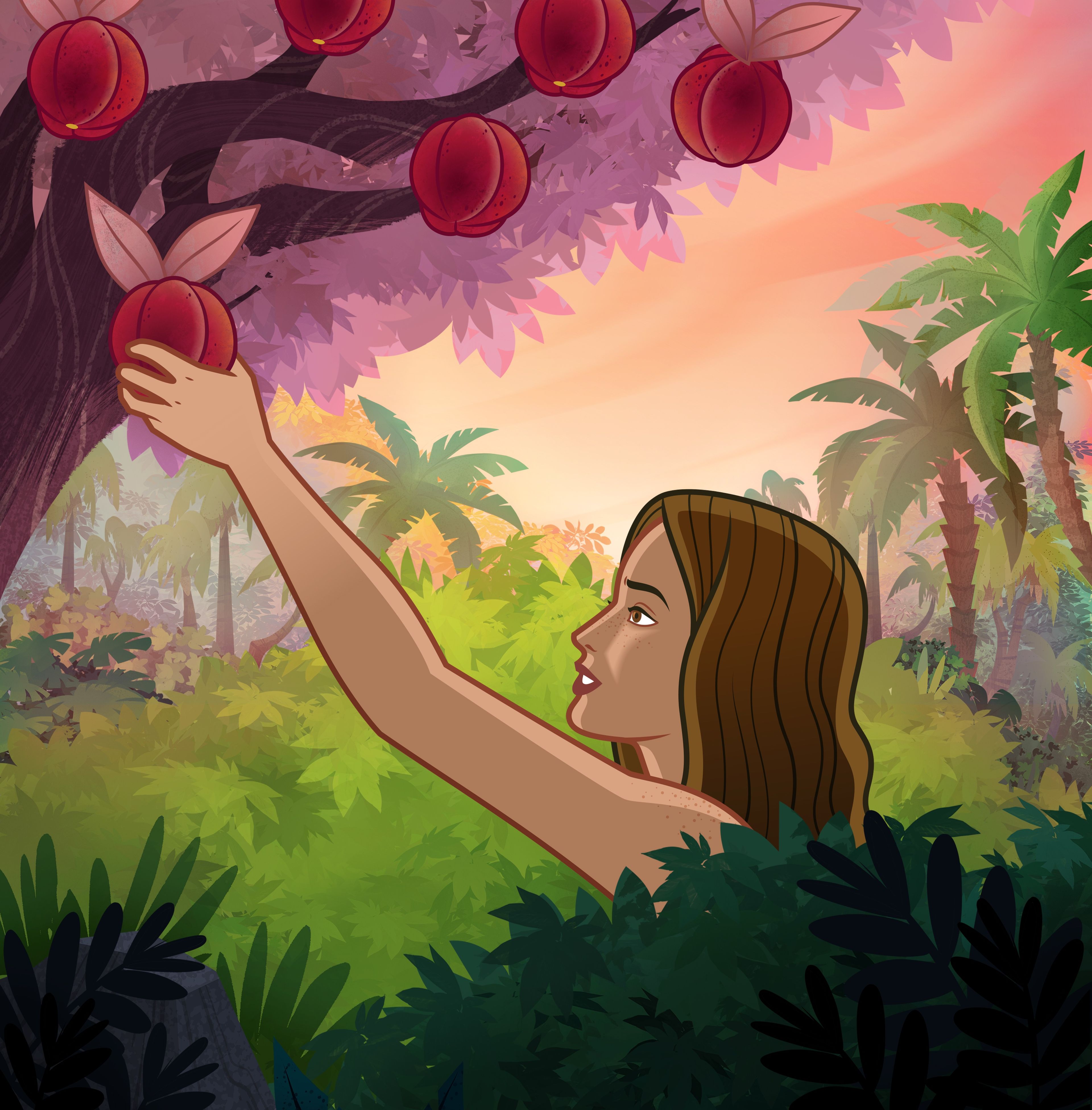 Ilustración de Eva recogiendo fruta. 
Génesis 3:5–6; Moisés 4:12