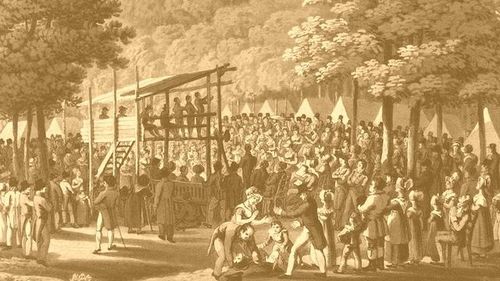 Lithograph of a ca. 1829 religious camp meeting.
Revival picture. A typical camp meeting about 1830-35.
