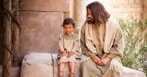 Jesus is sitting with a young boy on his lap. Outtakes include people inside the house at Capernaum, Philip, Jesus, John, Peter, Matthew, Jesus sitting at a table with some of the disciples shown and Mary Magdalene.