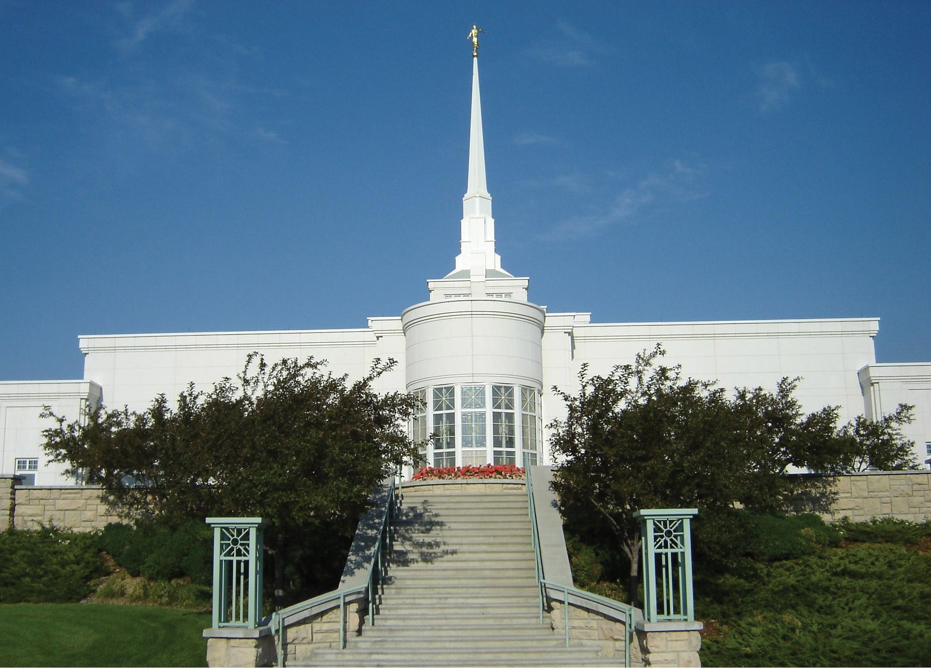 A stairway leads up to the back of the Billings Montana Temple.