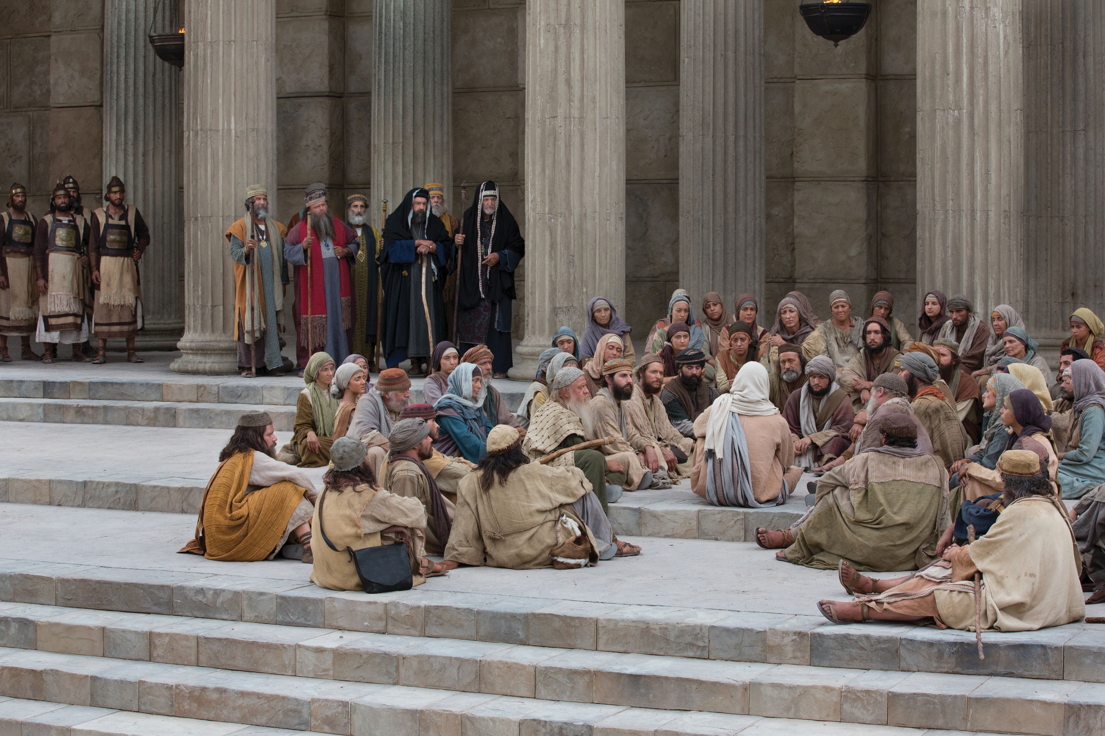 Jesus teaches on the steps of the temple.