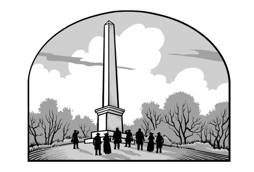 group of people standing at the base of an obelisk