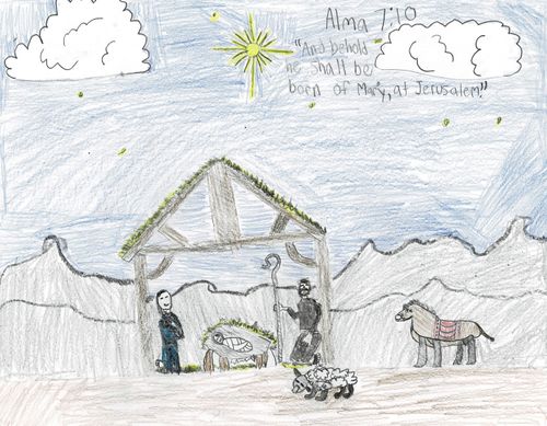 A child's drawing of the Nativity. Alma 7:10 is handwritten on the drawing as well. "And behold he shall be born of Mary, at Jerusalem."