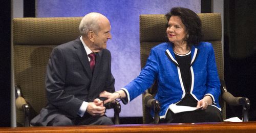 President Russell M. Nelson talking with his wife, Wendy