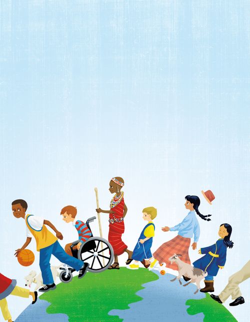 An illustration of children from different countries walking around the outside of the earth, with one boy in a wheelchair.