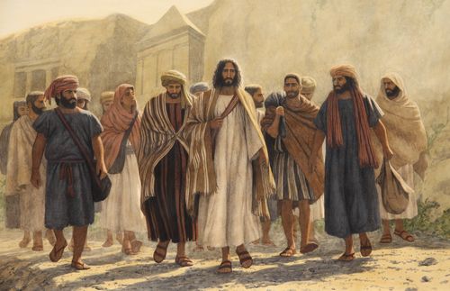 painting of Jesus walking down a dirt path with disciples