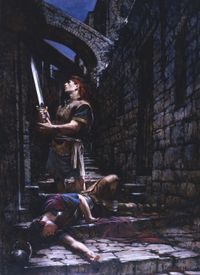 Nephi holding Laban’s sword over him