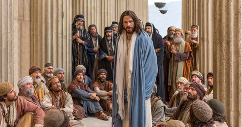 Jesus Christ is teaching in the temple and being approached by the chief priests, elders and scribes who ask Him the source of his authority. Christ questions them whether the baptism of John the Baptist was of heaven or of man. Outtakes include closeups of people in the crowd and of Caiaphas.