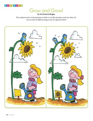find-the-difference activity of girl watering sunflower