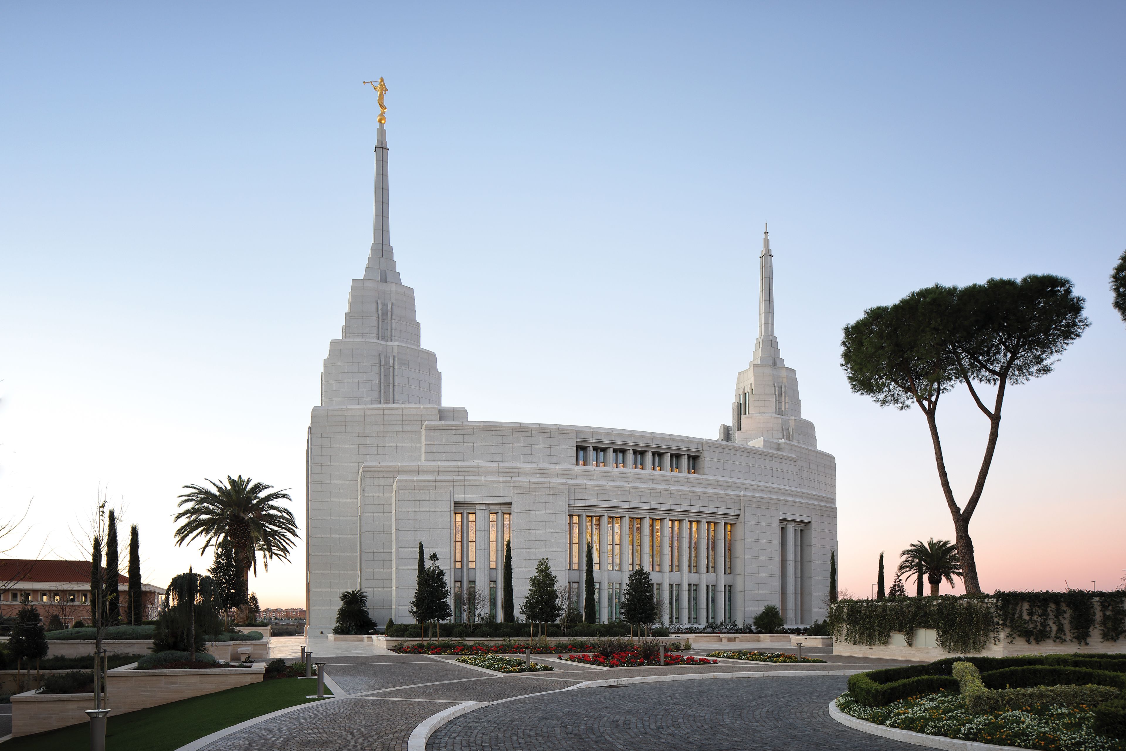 The grounds of the Rome Italy Temple during the day.