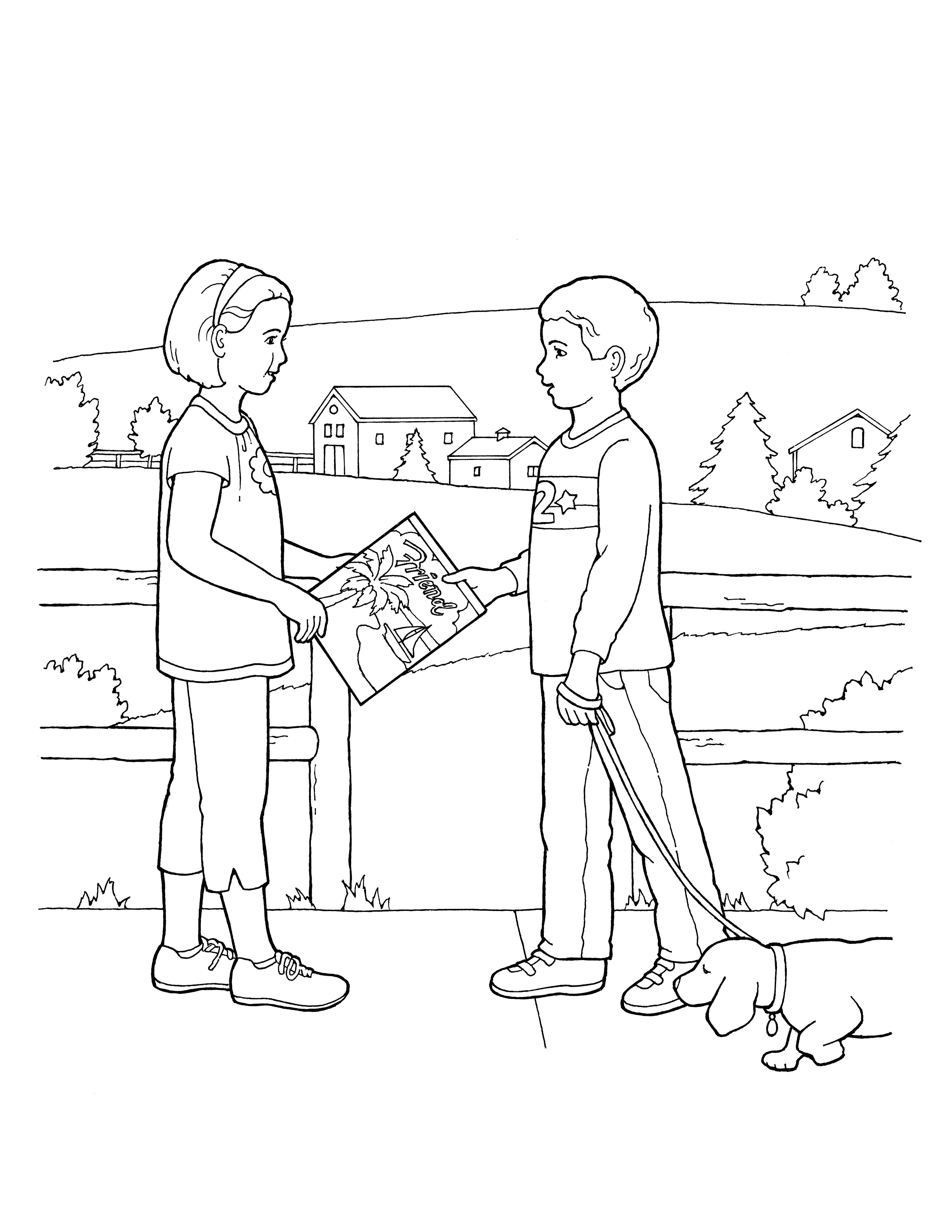 An image of children holding a Friend magazine while walking a dog.