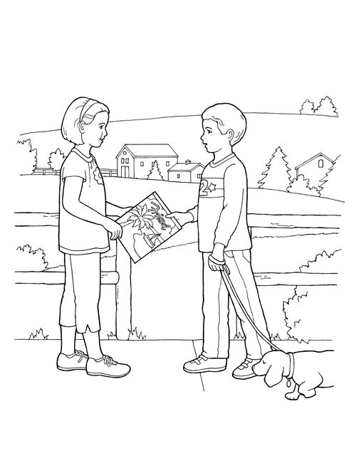 A black-and-white illustration of a boy walking a dog next to fence and offering a copy of the Friend to a young girl.