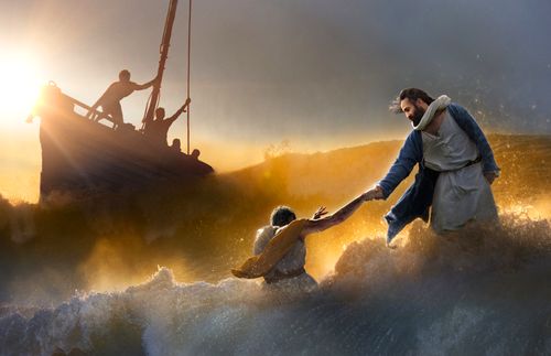 Jesus Christ helping Peter up out of the stormy seas