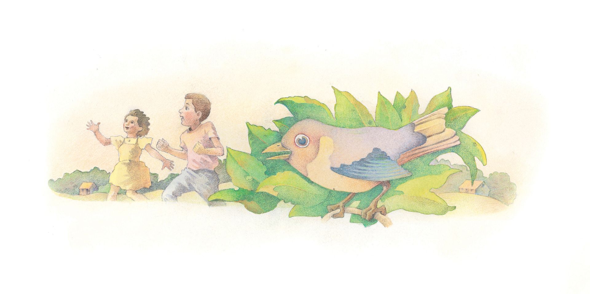 A bird on a branch and two children running in the background. From the Children’s Songbook, page 265, “Be Happy!”; watercolor illustration by Richard Hull.
