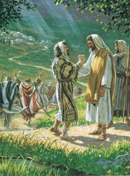 A healed leper talking to Jesus Christ as other healed lepers run down a hill towards a town throwing their crutches away.