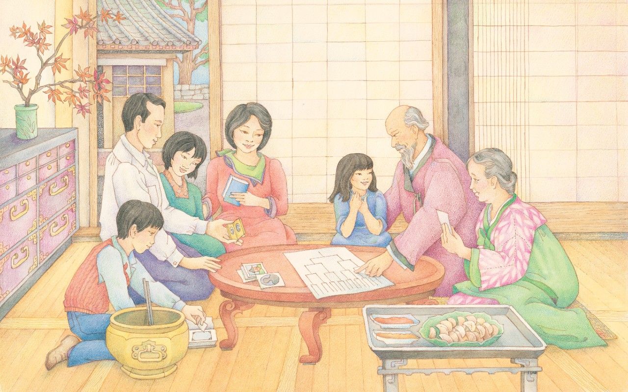 A family of several generations working on family history. From the section “Home and Family” in the Children’s Songbook, pages 186–187; watercolor illustration by Phyllis Luch.