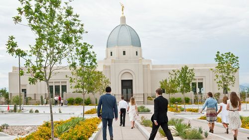 people walking to temple