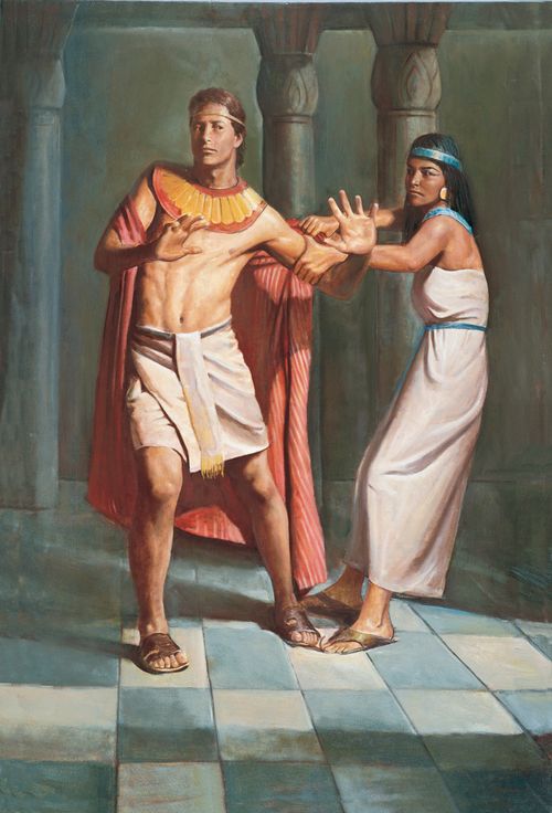A painting by Del Parson showing Joseph trying to step away from Potiphar’s wife, who is holding onto his robe.