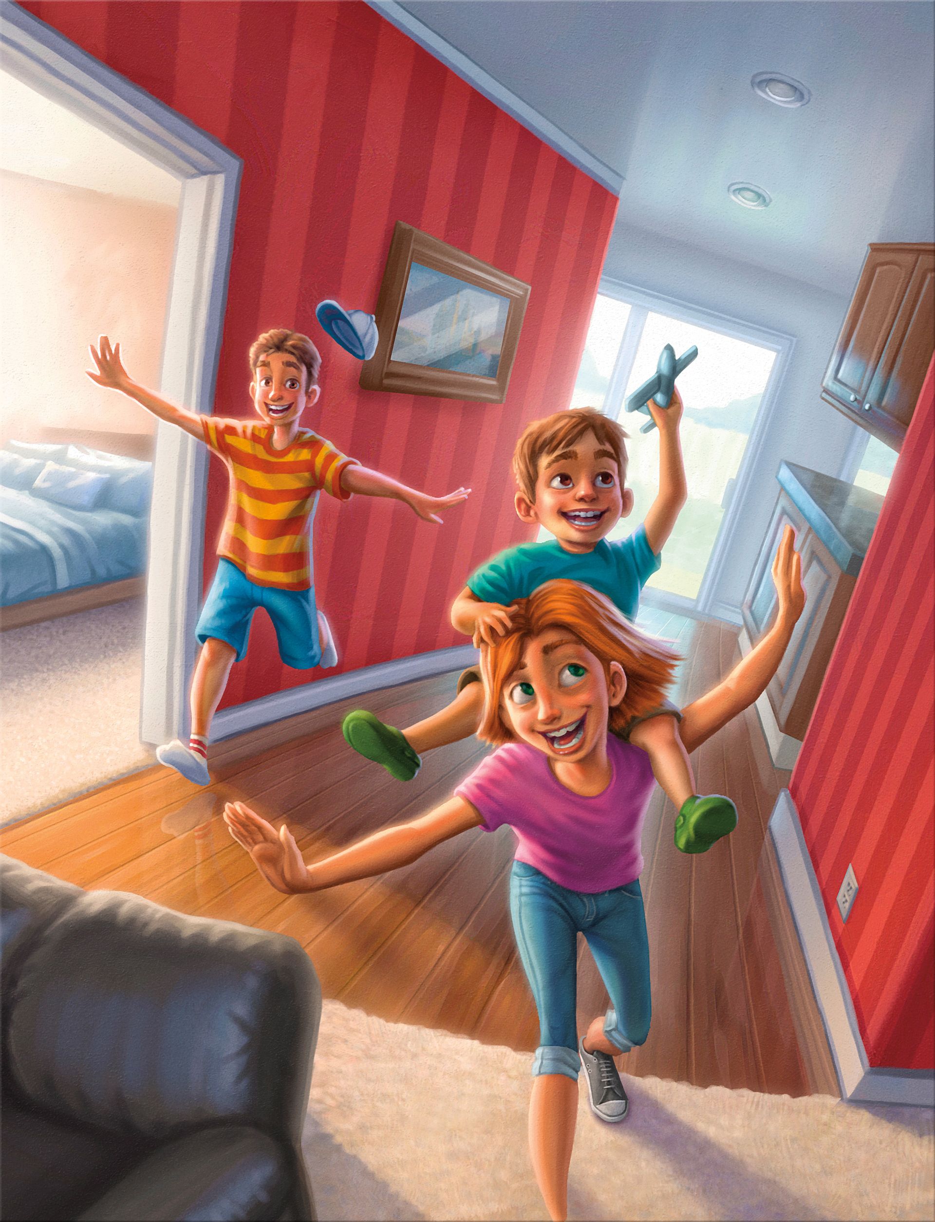 A brother and a sister play with their young brother, pretending to fly a plane in their house.