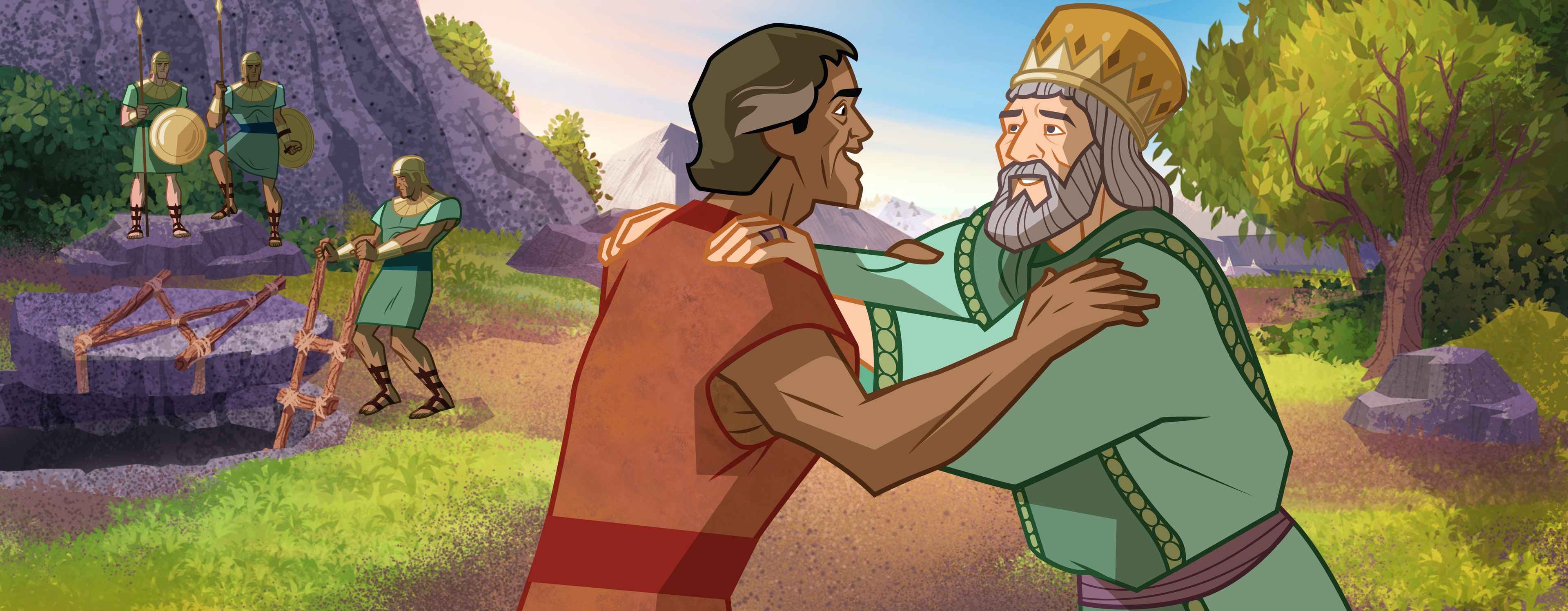 Illustration of king hugging Daniel. Daniel 6:23–27
