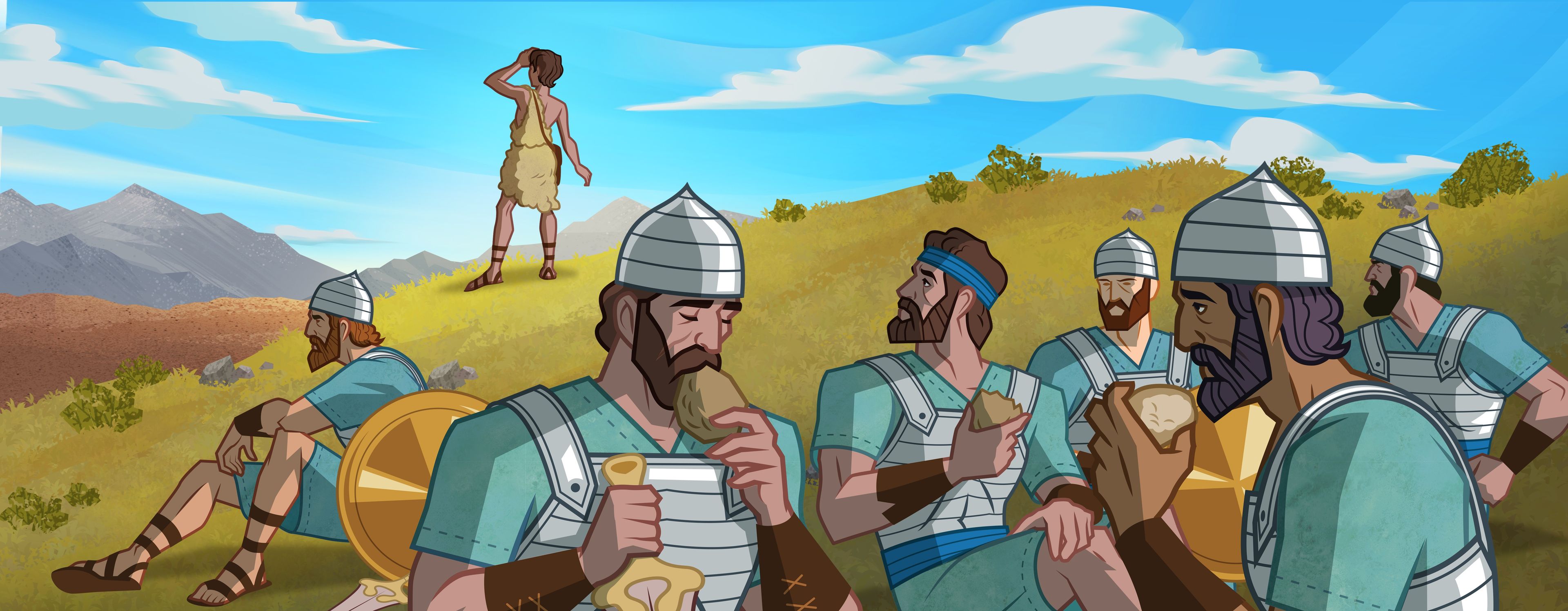 Illustration of Israel’s army eating. 1 Samuel 17:20–23