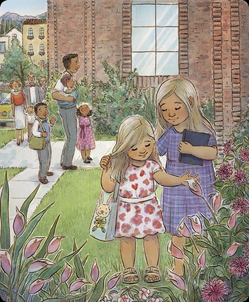 children looking at flowers