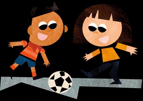 boy and girl playing soccer together