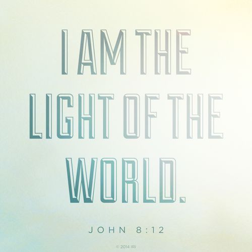 A faint light blue and yellow background combined with the text from John 8:12.
