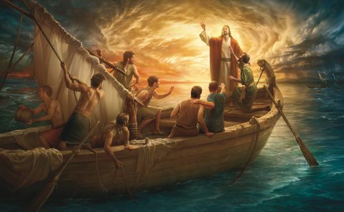 Jésus-Christ dans un bateau avec ses disciples