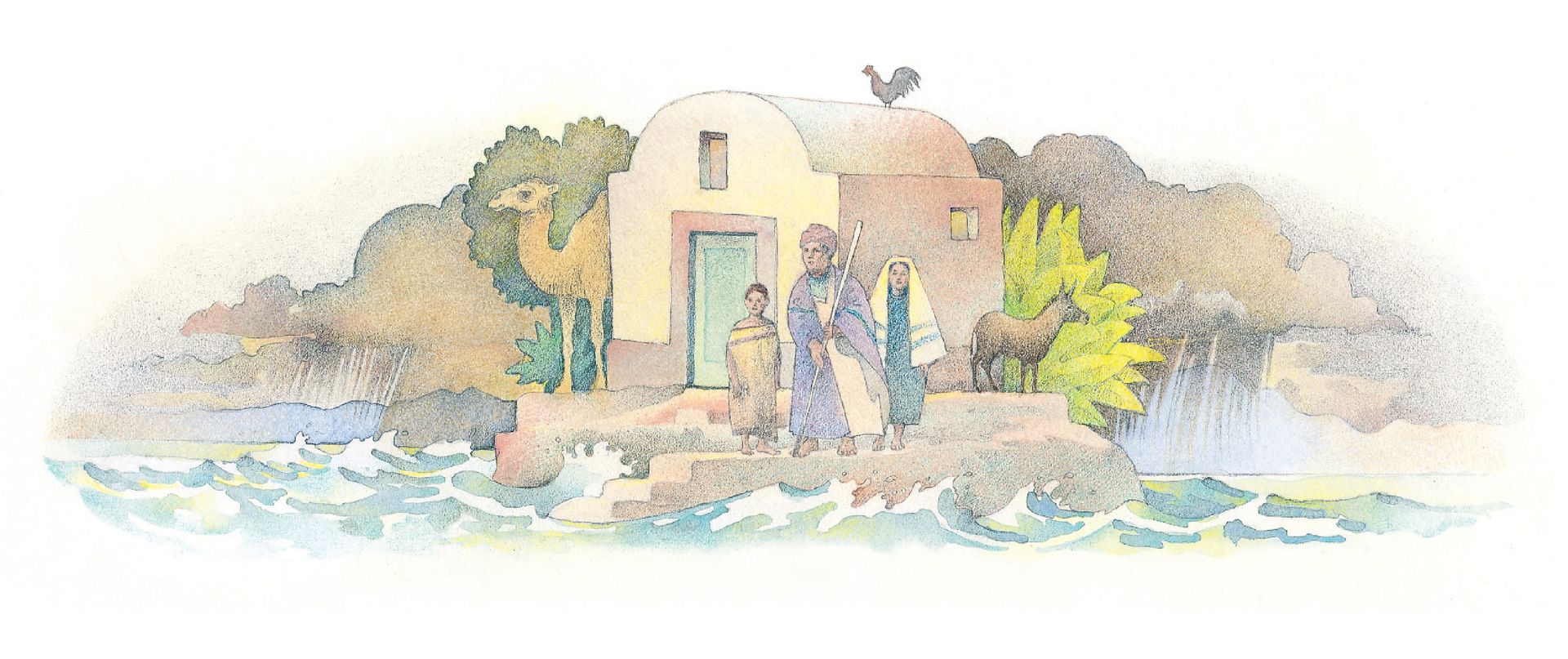 A family stands outside their house, which is standing strong despite floodwaters all around it. From the Children’s Songbook, page 281, “The Wise Man and the Foolish Man”; watercolor illustration by Richard Hull.