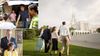 collage of images: man greeting family; man giving woman a priesthood blessing; family walking towards the temple