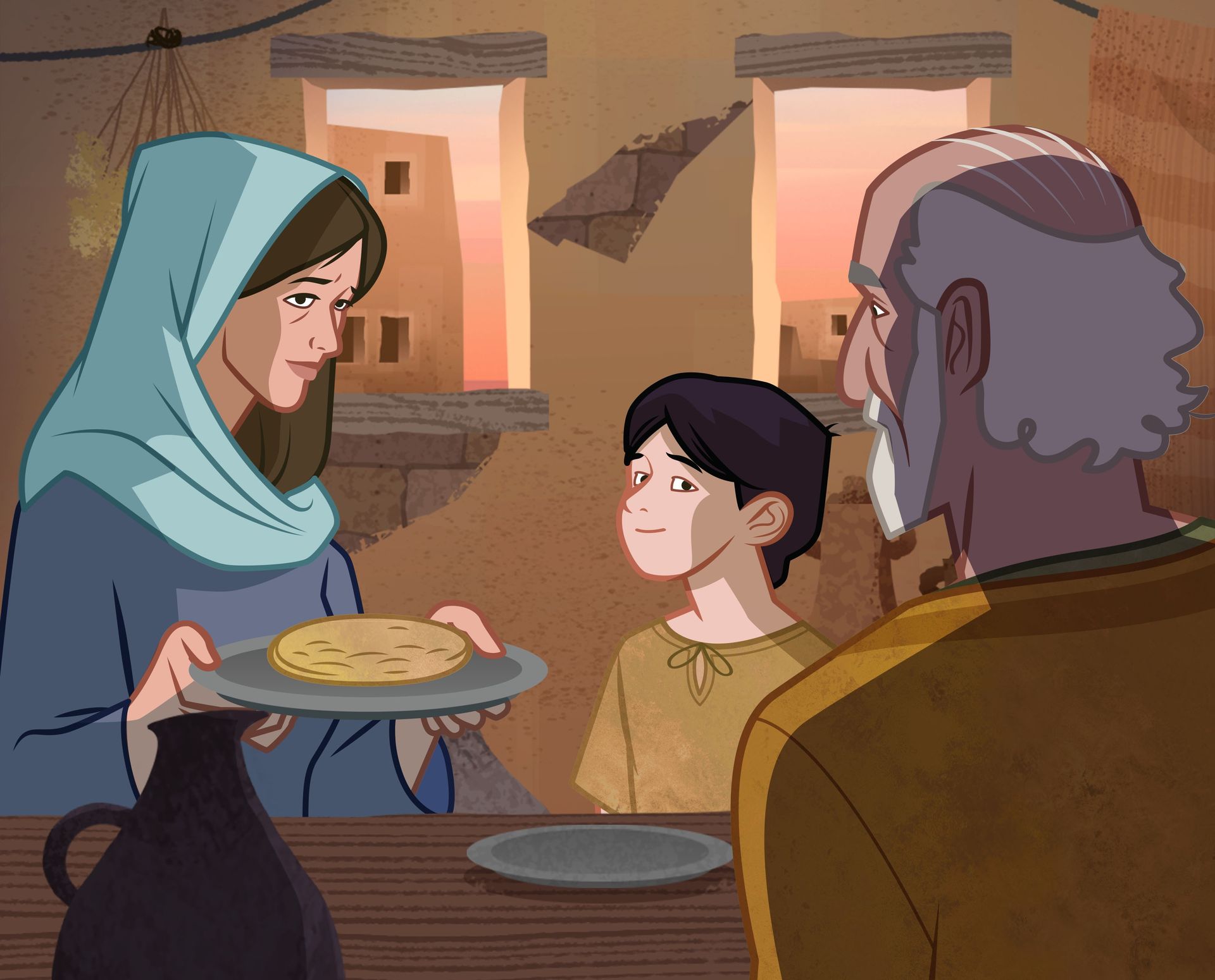 Illustration of Elijah, woman, and child eating. 1 Kings 17:15–16