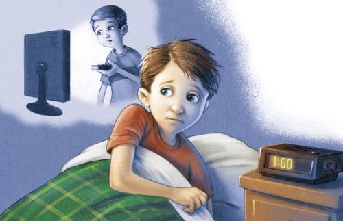 Illustration of a boy in bed looking worried and remembering seeing a bad TV show. The clock on the bedside shows 1:00 AM.