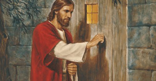 Jesus Christ depicted knocking on a door. Christ is portrayed wearing red and white robes. The painting illustrates the concept of Christ “knocking on the door,” as described in scripture. There is no doorknob depicted in the painting, symbolizing that the door must be opened from within.