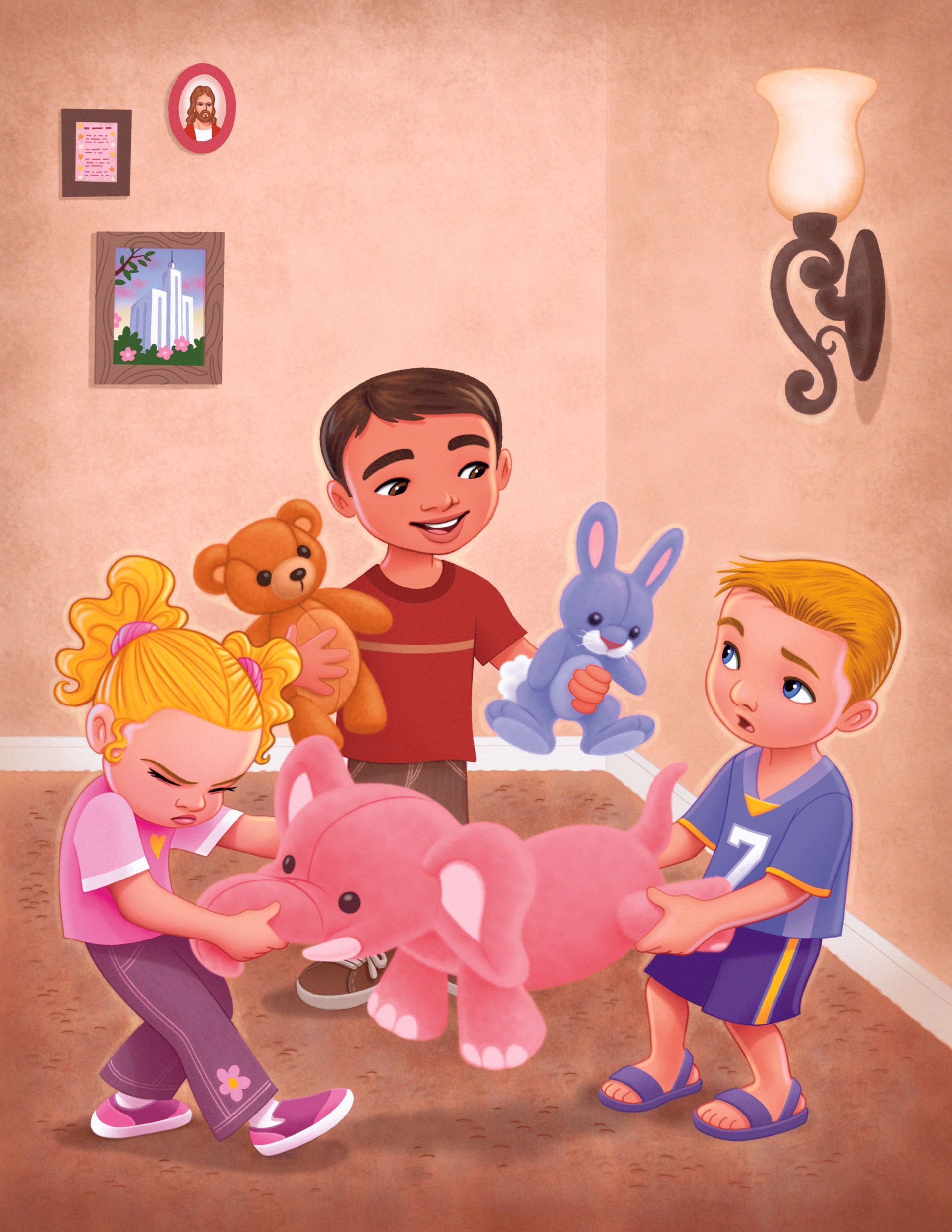 Siblings fight over a pink stuffed elephant while a friend tries to offer them different stuffed animals.