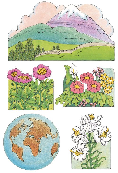 Primary cutouts of a mountain topped with snow, pink flowers, different-colored flowers, white flowers, and a world globe.