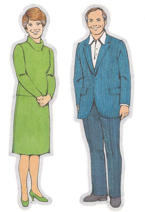 Primary cutouts of a middle-aged mother standing in a green dress with high heels and a middle-aged father in a white shirt and blue suit.