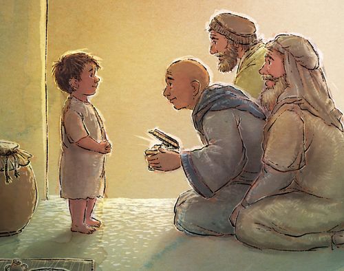 A young Jesus Christ is presented with gifts by three Wise men.