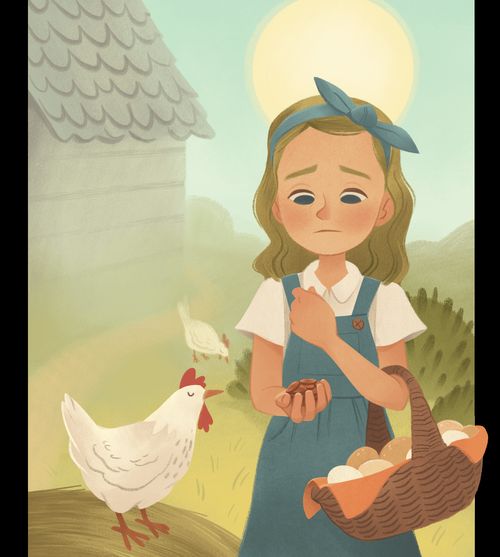 Девочка держит корзину с яйцами и с грустью смотрит вниз на горсть монет в руке