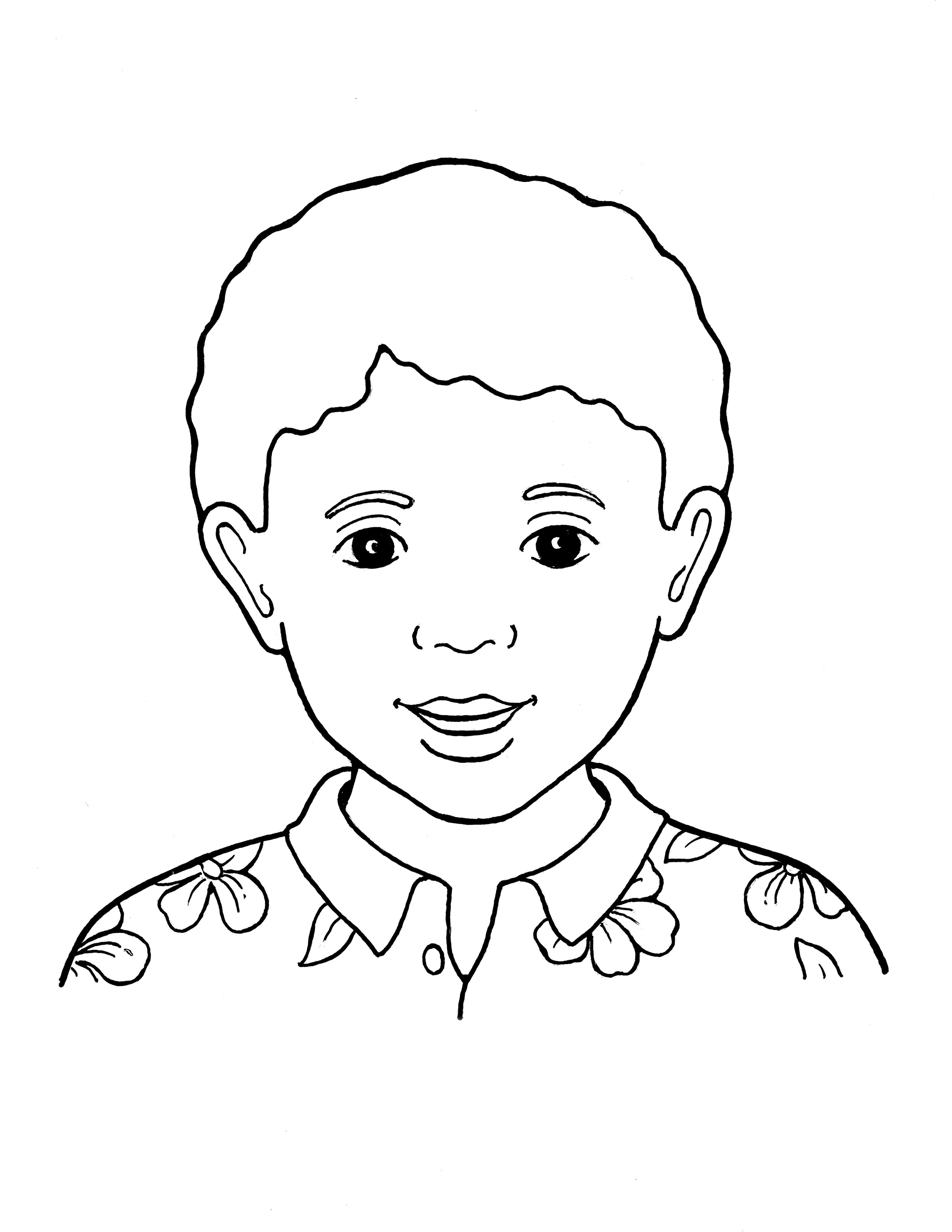 A line drawing of a Primary boy with wavy hair and a decorative shirt.