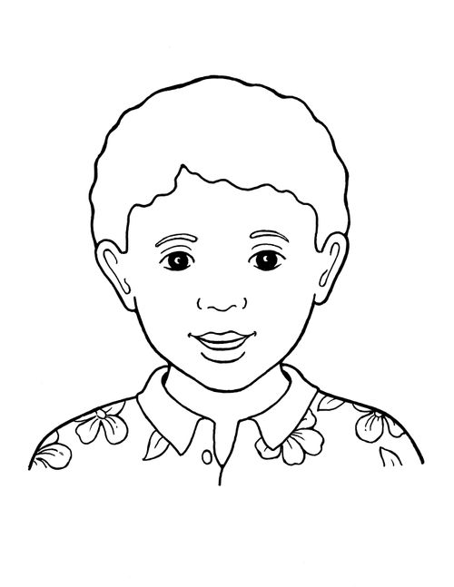 A black-and-white illustration of a young boy with curly hair and dark eyes wearing a flower-patterned, collared shirt.