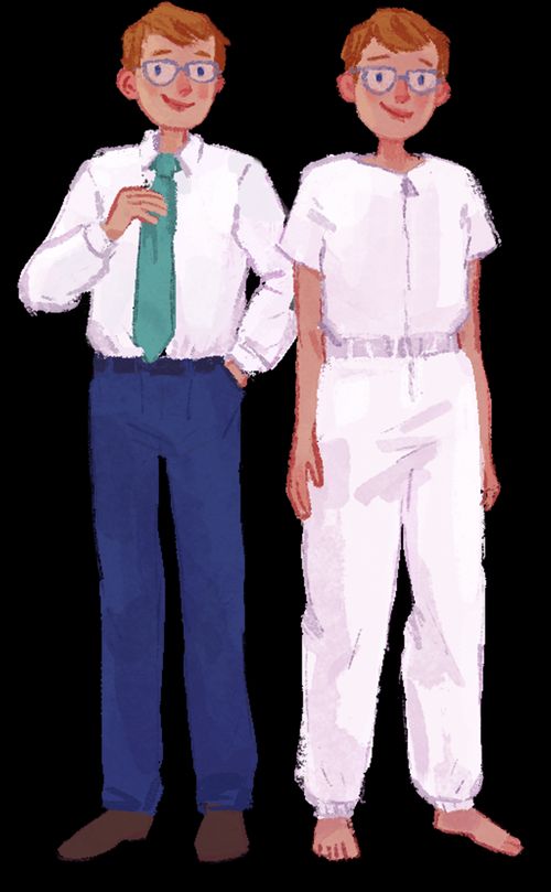 A boy in a suit and tie next to a boy in a white jumpsuit