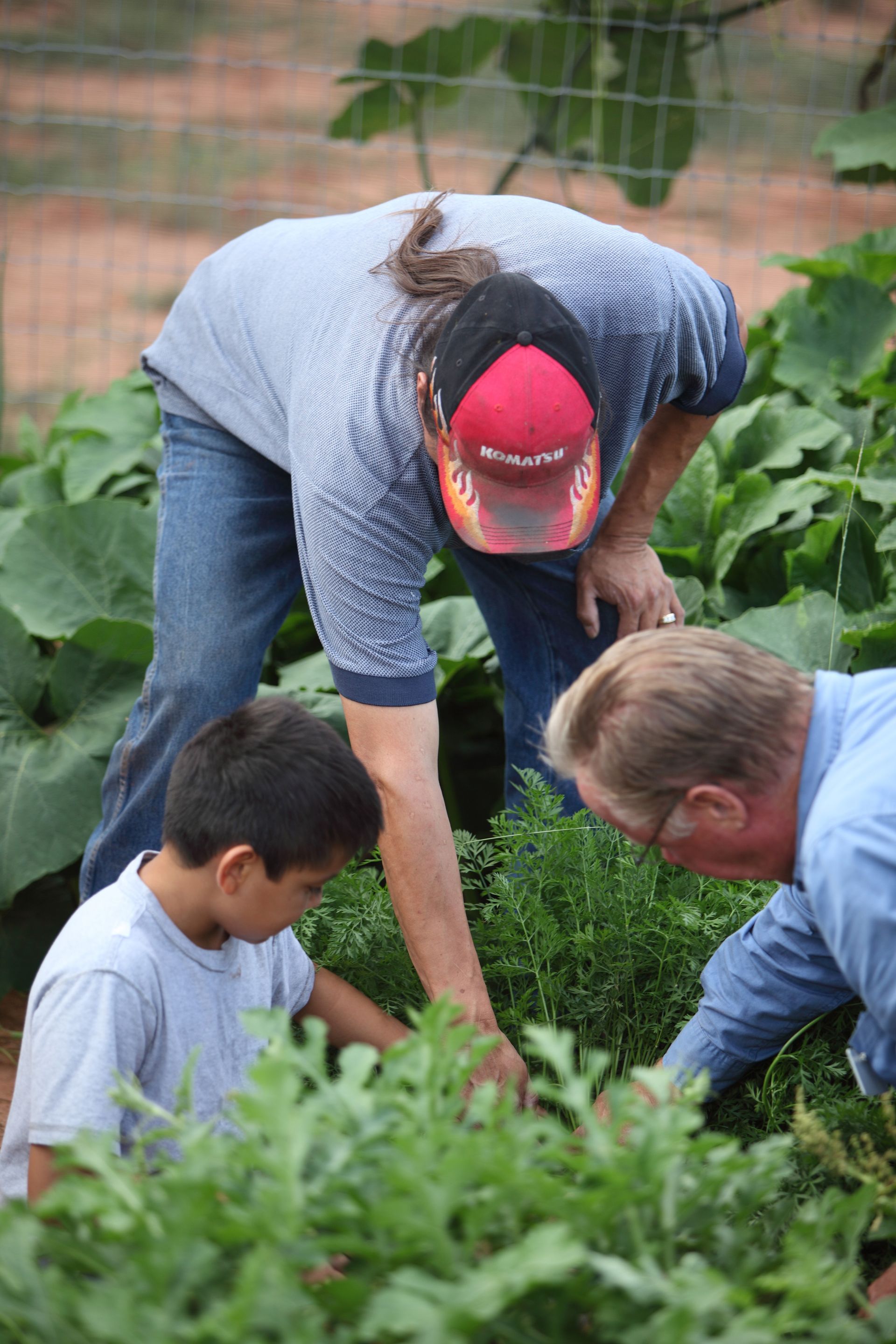 Two men and a young boy working in a garden on an Indian reservation.
