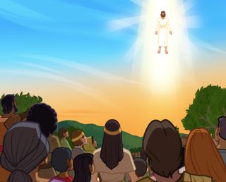 Jesus Christ rises up into the air and is surrounded by light