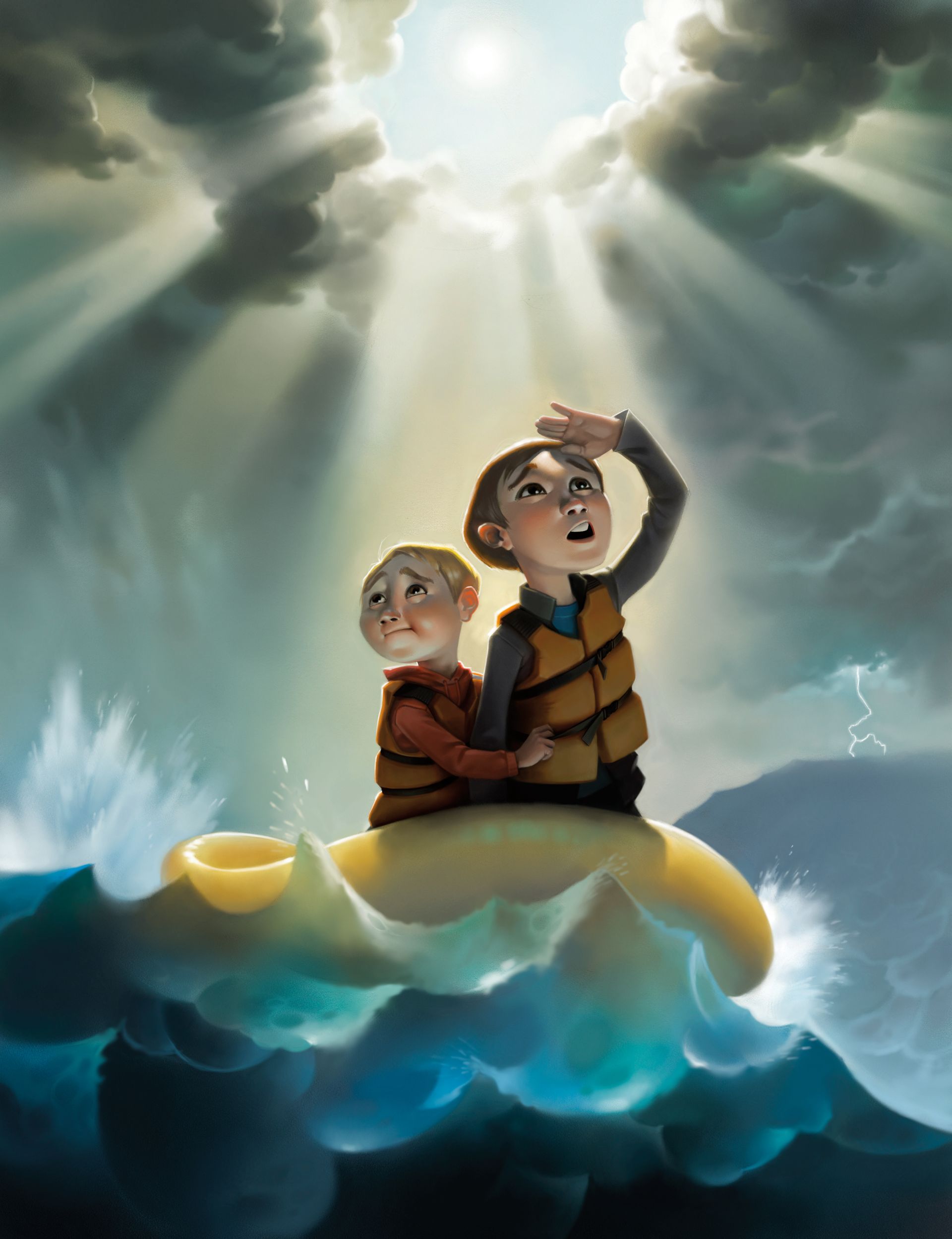 Two boys float in a raft during stormy weather on the sea.