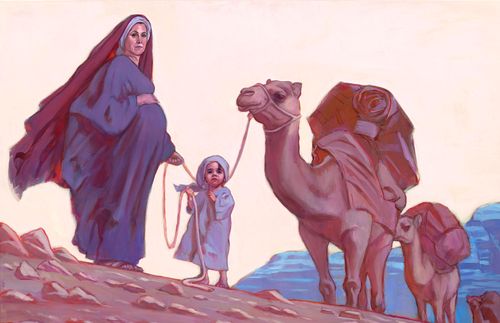어린아이와 낙타와 함께 광야에 있는 새라이아